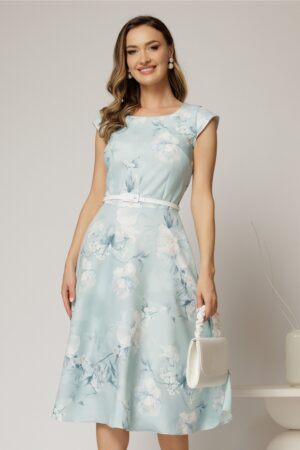 Rochie midi bleu cu flori in clos cu buzunare si curea in talie