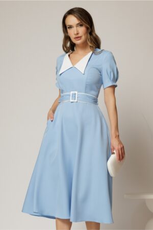 Rochie midi bleu cu guler alb in contrast si cordon cu insertii