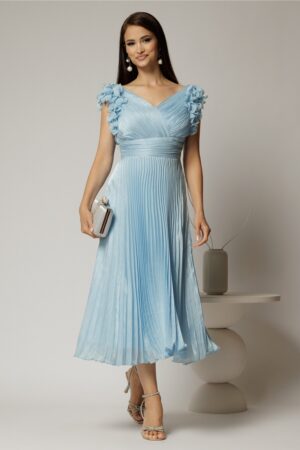 Rochie midi bleu din voal plisat cu decolteu V si volanase la maneci