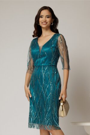 Rochie midi conica turcoaz din tull cu paiete