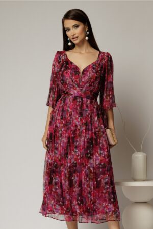 Rochie midi de ocazie cu imprimeuri magenta din matase naturala