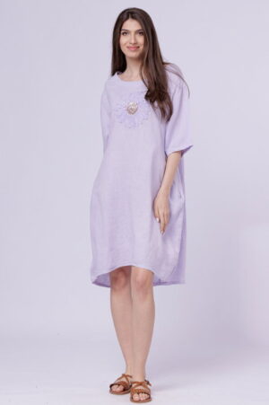 Rochie midi din in cu floare din paiete pe piept