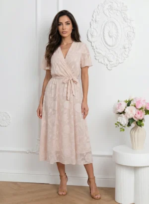 Rochie midi eleganta crem cu tex...