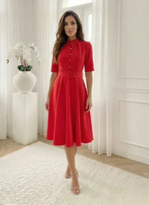 Rochie midi eleganta rosie cu na...