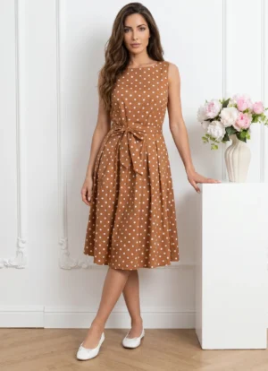 Rochie midi maro din bumbac cu b...