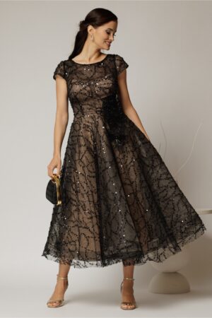 Rochie midi neagra de ocazie din dantela cu paiete si perle