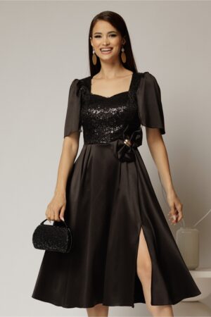 Rochie midi neagra din tafta si paiete cu funda ampla pe talie