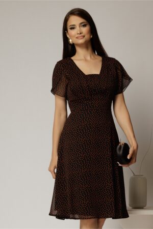 Rochie midi neagra din voal cu buline si maneci scurte petrecute