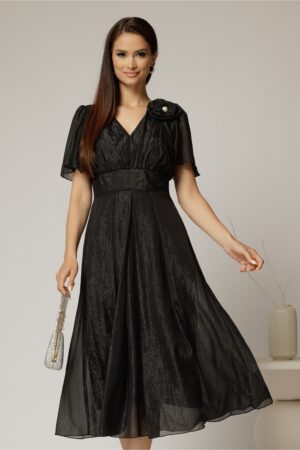 Rochie midi neagra din voal cu fir lurex si floare la umar