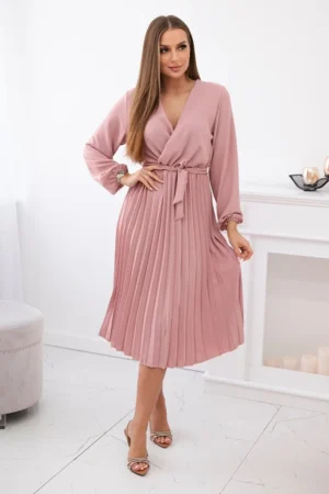 Rochie midi plisată roz cu cordo...