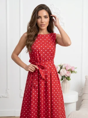 rochie-midi-rosie-din-bumbac-cu-buline-si-cordon-in-talie-3