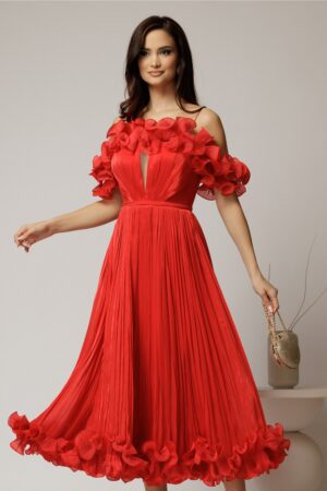 Rochie midi rosie in clos din voal satinat cu volanase la bust si la baza