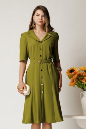 Rochie midi verde din triplu voal cu nasturi si cordon