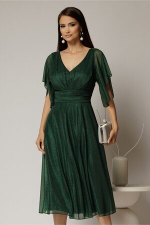 Rochie midi verde din voal cu sclipici si decolteu in V
