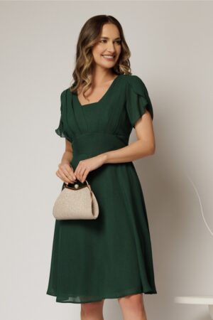 Rochie midi verde din voal cu sidef si maneci scurte petrecute
