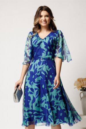 Rochie midi verde mint din voal cu imprimeu albastru si maneci vaporoase- Viada