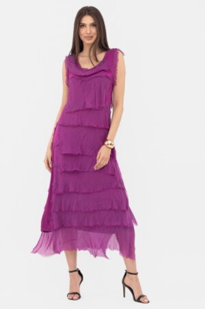 Rochie magenta din matase si vascoza cu  volane franjurate suprapuse