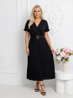 Rochie neagra plisata midi cu cu...