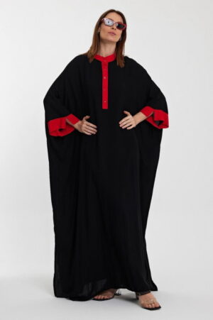 Rochie oversize rosu-negru cu broderie decorativa pe spate