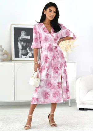 Rochie roz midi cu decolteu petr...