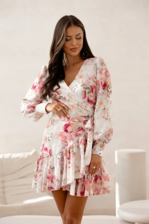 Rochie scurta bej cu imprimeu fl...
