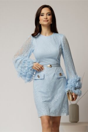 Rochie scurta bleu din dantela cu maneci ample