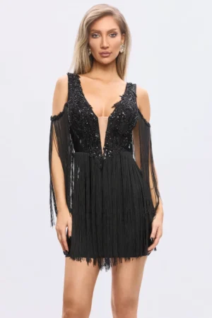 Rochie scurtă neagră cu franjuri și broderie