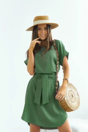 Rochie scurta kaki cu cordon in ...
