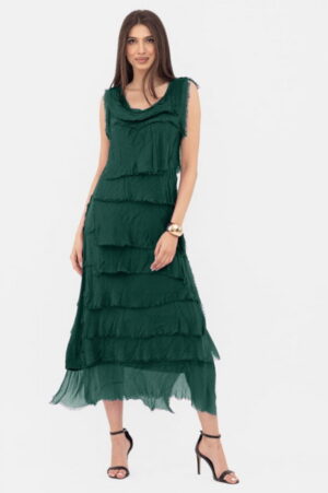 Rochie verde inchis din matase si vascoza cu  volane franjurate suprapuse