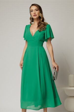 Rochie verde lunga de ocazie din voal cu decolteul petrecut