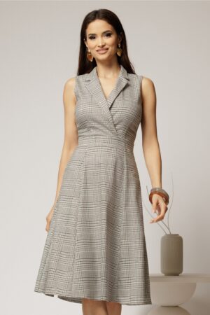 Sarafan DY Fashion din carou bej cu decolteu petrecut