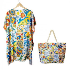 Set rochie tip poncho din matase si geanta mare de vara cu model marocan cu lamai in culori vibrante