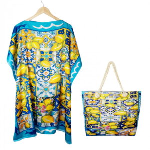 Set rochie tip poncho din matase si geanta mare de vara cu model mediteranean cu lamai pe alb