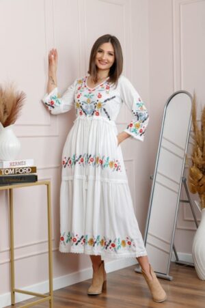 Rochie alba cu motiv floral multicolor Violeta 02