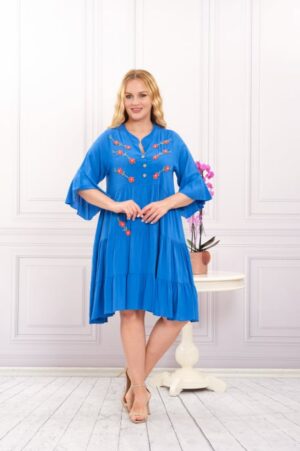 Rochie albastra boho chic cu aplicatie florala cusuta