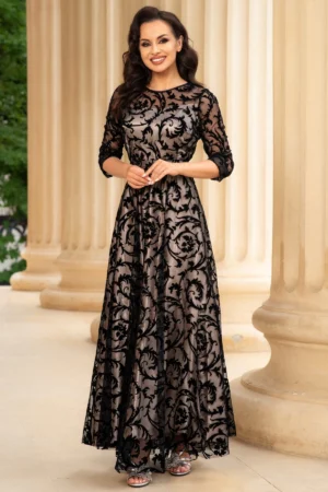 Rochie de seara lunga Francesca cu frunze din catifea si dublura bej