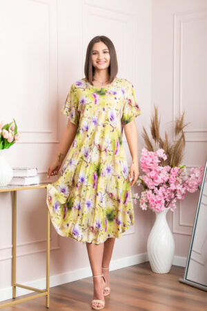 Rochie eleganta Mirabelle cu imprimeu floral - Galben cu mov