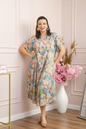 Rochie Margot din voal cu baza asimetrica si imprimeu abstract crem