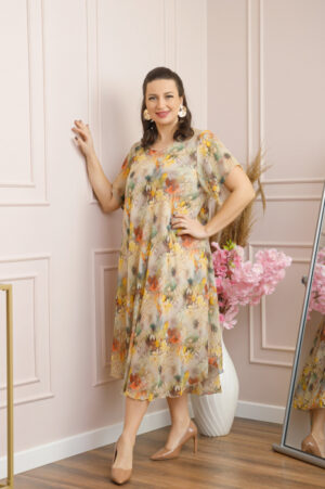 Rochie Margot din voal cu baza asimetrica si imprimeu floral bej
