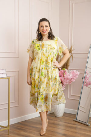 Rochie Margot din voal cu baza asimetrica si imprimeu floral galben