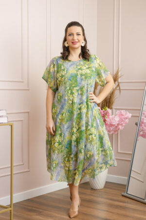 Rochie Margot din voal cu baza asimetrica si imprimeu floral verde