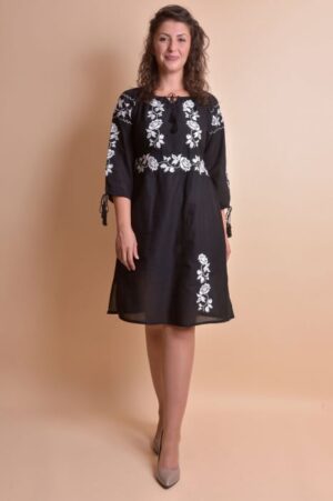 Rochie midi neagra cu motiv floral alb Ana