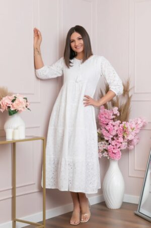 Rochie traditionala alba cu model perforat Bianca 01
