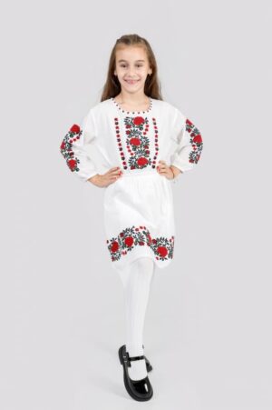 Rochie traditionala alba pentru fetite cu motiv floral rosu Maria