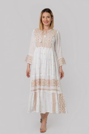 Rochie traditionala alba cu motiv geometric crem Virginia 01