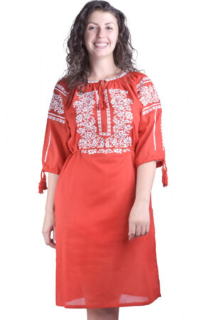 Rochie traditionala midi rosie cu motiv floral alb Roxana
