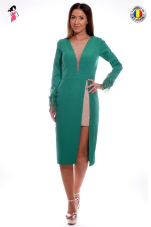 Rochie de ocazie conica verde cu pene
