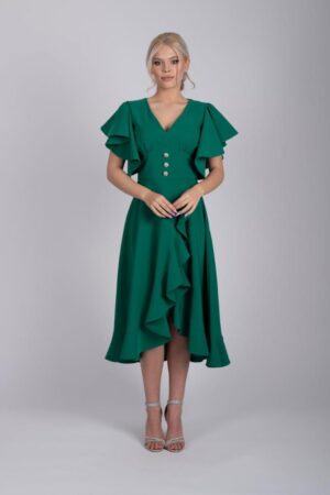 Rochie LaDonna verde cu volane si slit