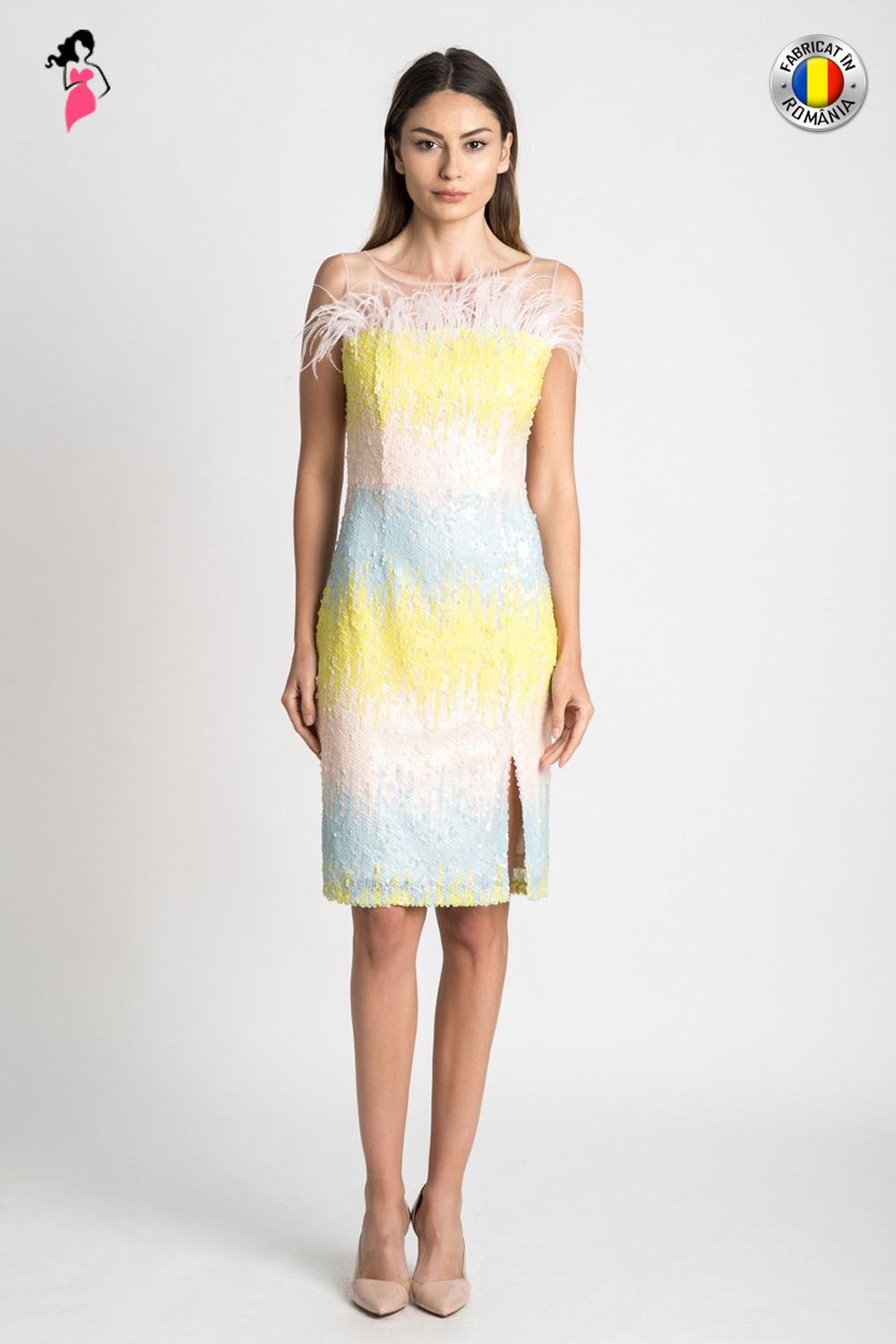 Rochie Xara de ocazie de lungime midi cu paiete si pene