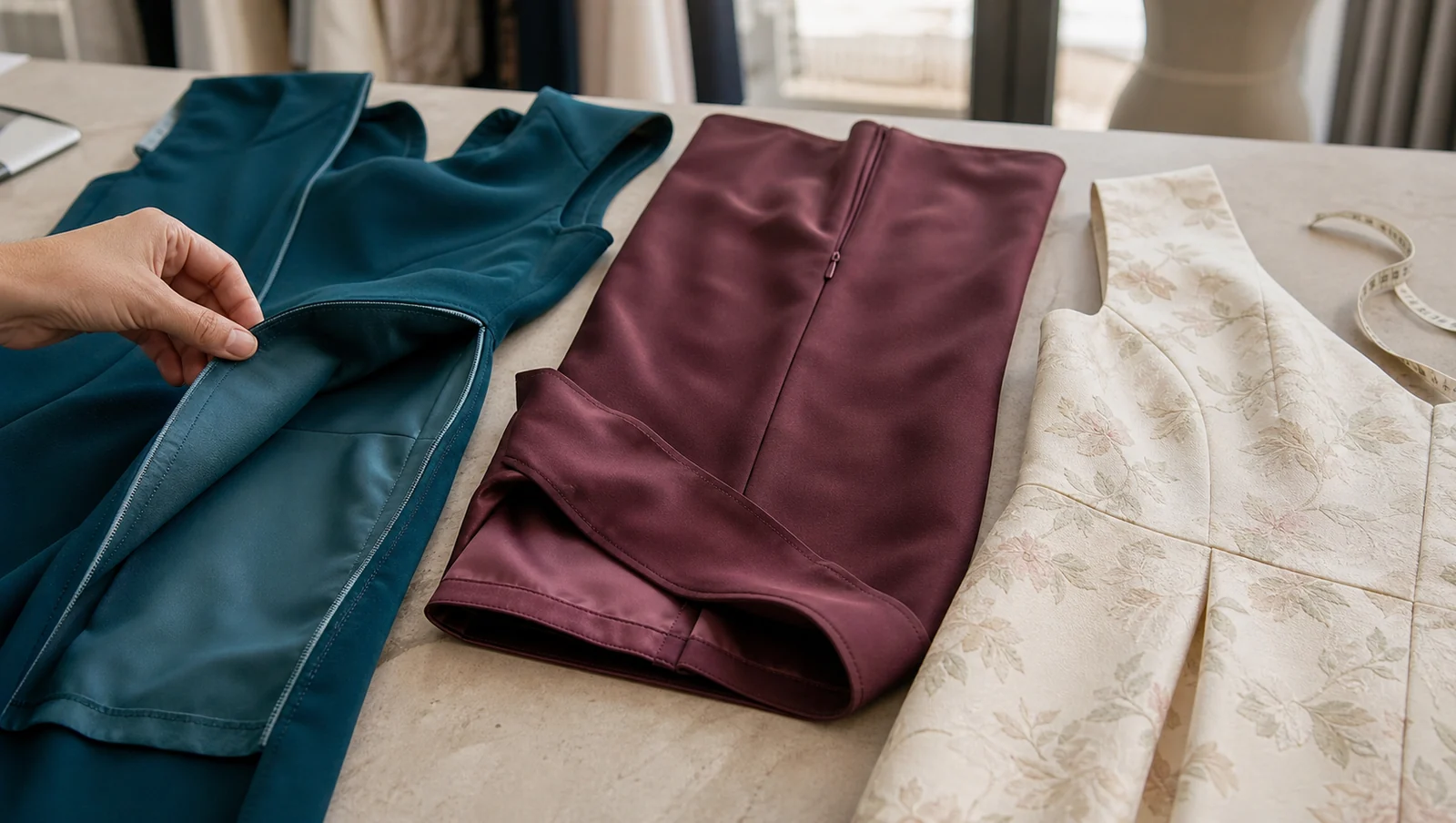 Detalii de căptușeală, cusături și fermoar la trei rochii elegante